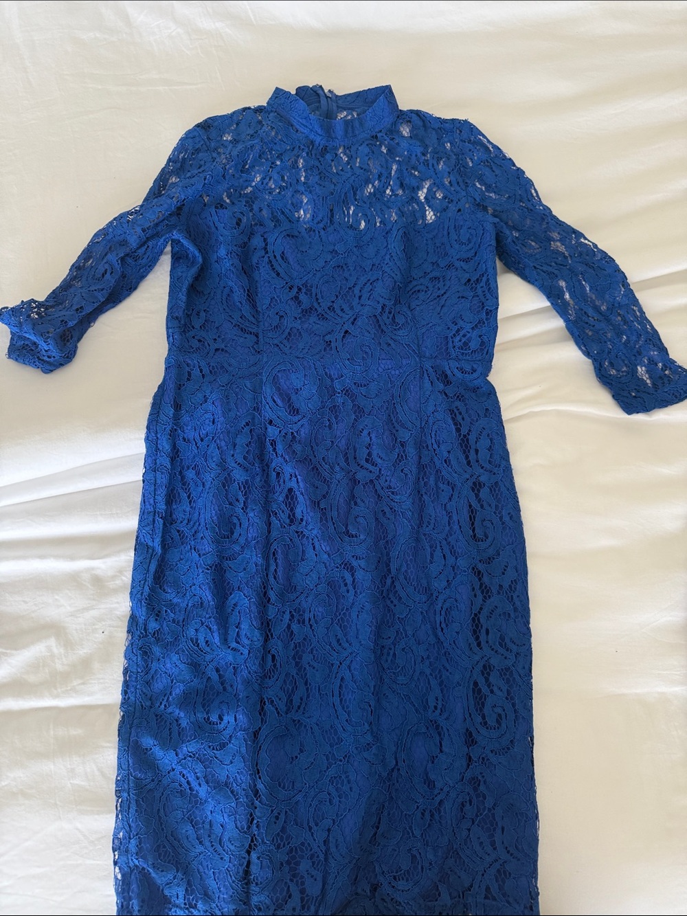 Reiss cobalt blue lace long-sleeve midi dress